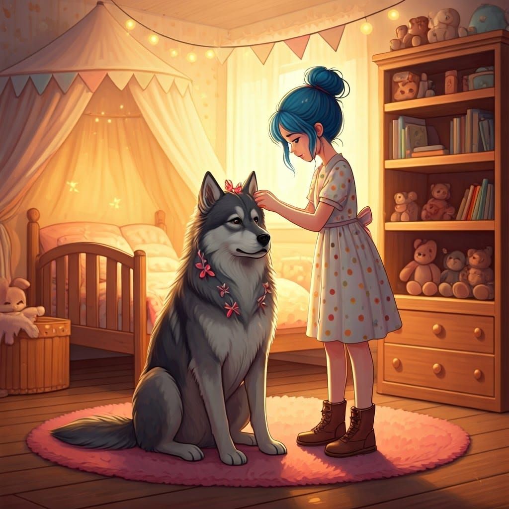 A 3D rendering of a young girl with blue, messy hair tied up...