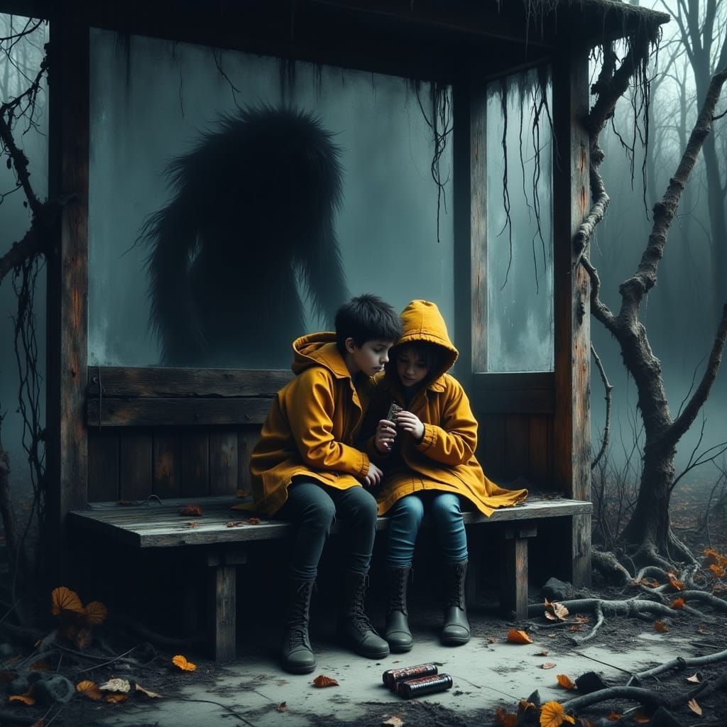 Children at Abandoned Bus Stop in Dark Fantasy Style