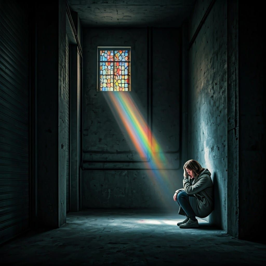 Rainbow Ray Illuminates Sad Woman in Basement