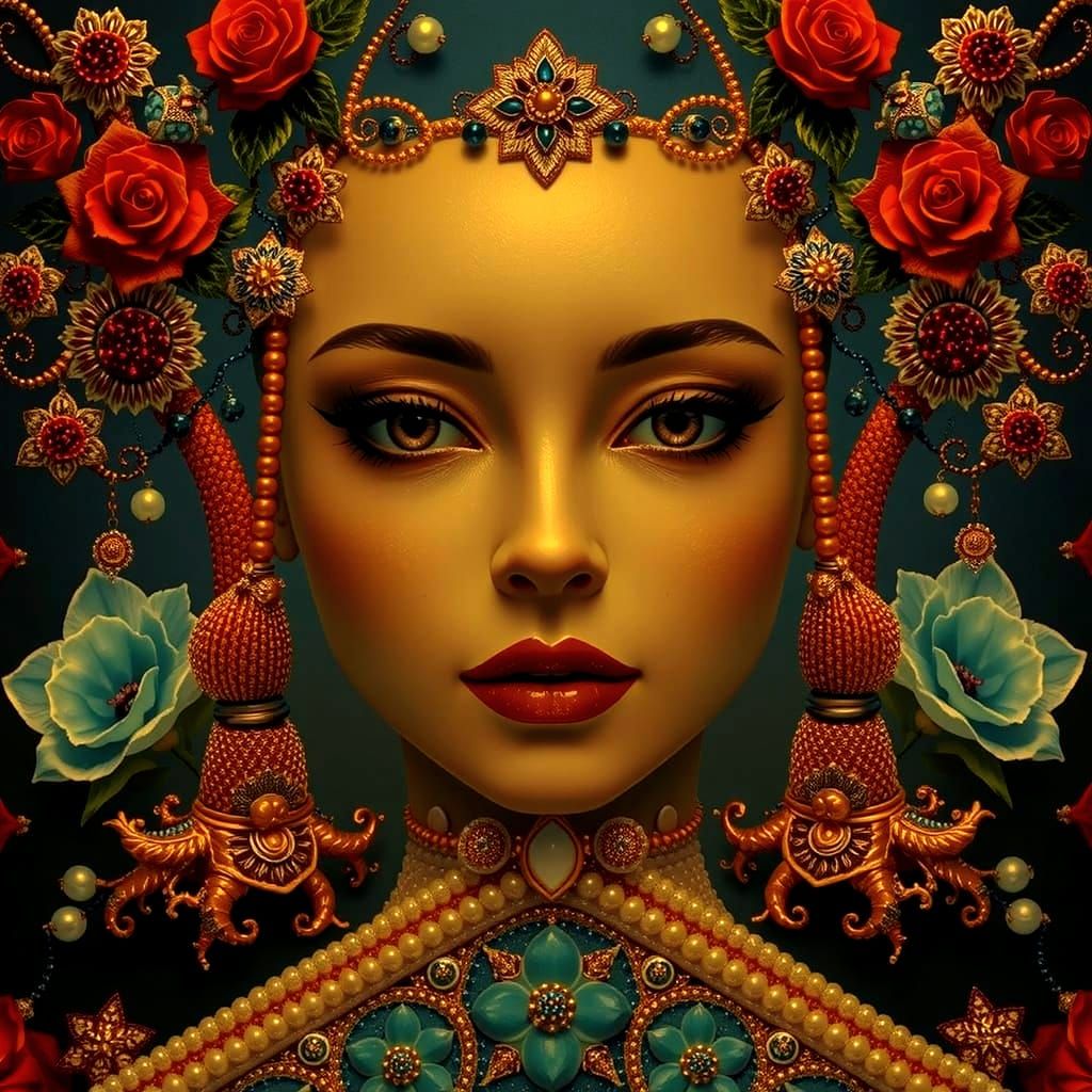 Ornate Beaded Waterfall Artwork with Gold and Silver Details