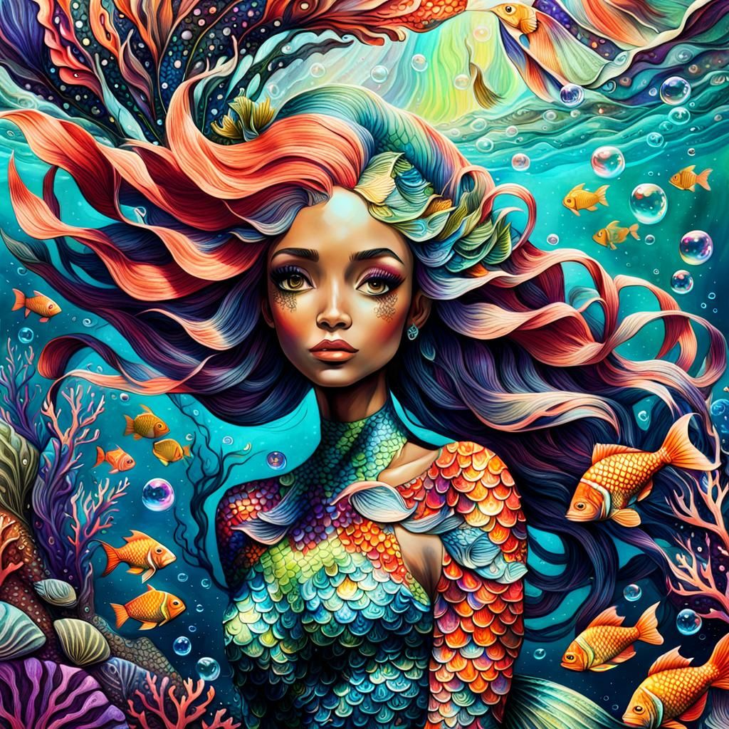 Mystical Mermaid in Surreal Underwater World