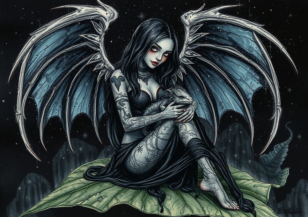 Grim Reaper with Dragon in Ink Splatter Art