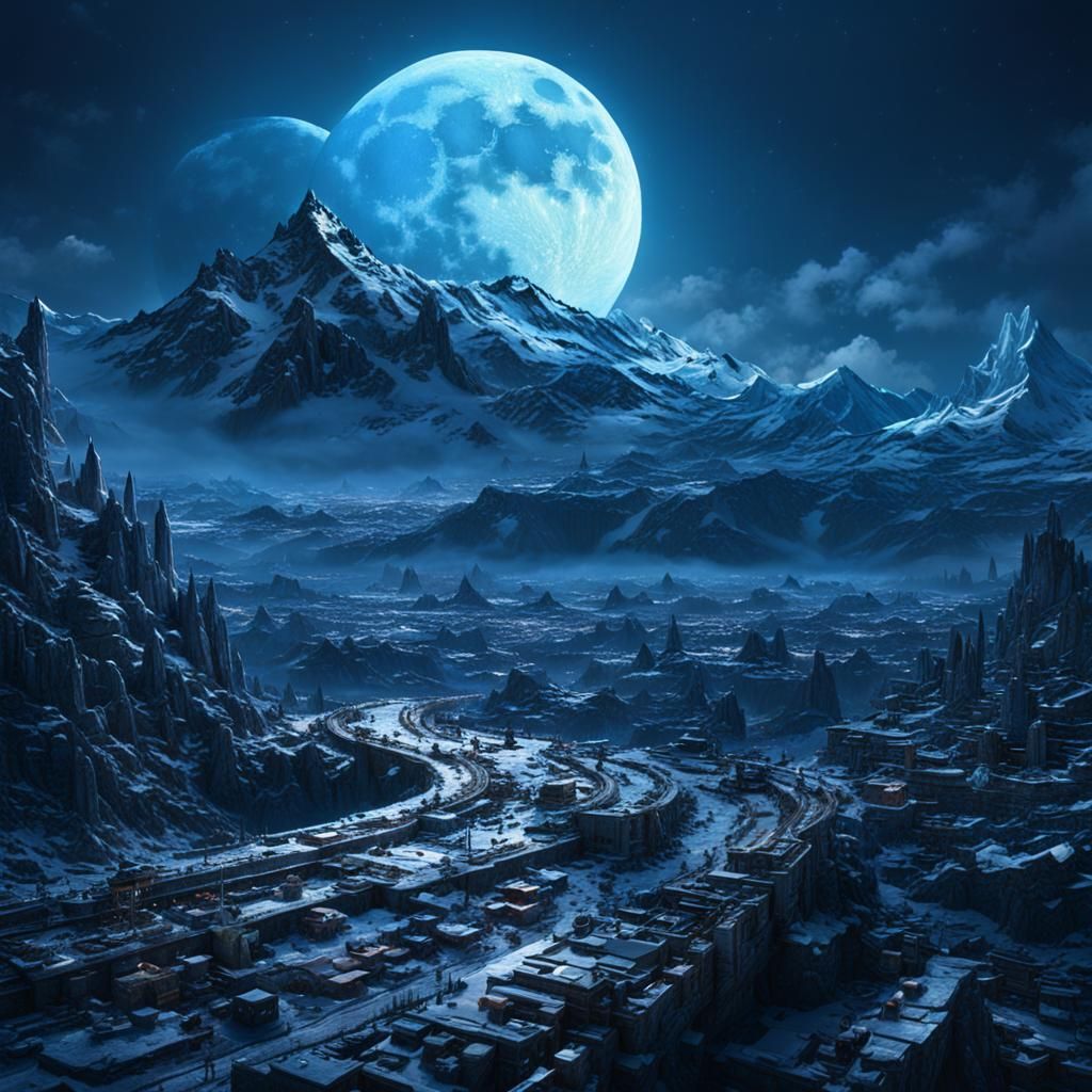 Dramatic Blue Moon Digital Matte Painting