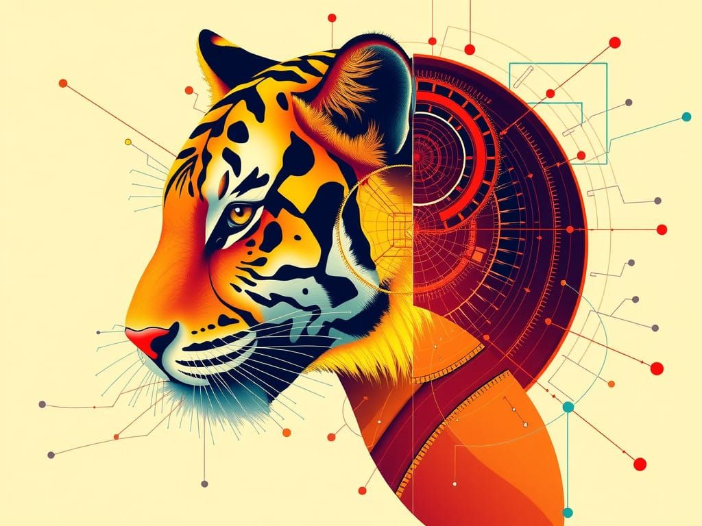 Surreal Tiger Portrait Blends Geometric Patterns and Vibrant...