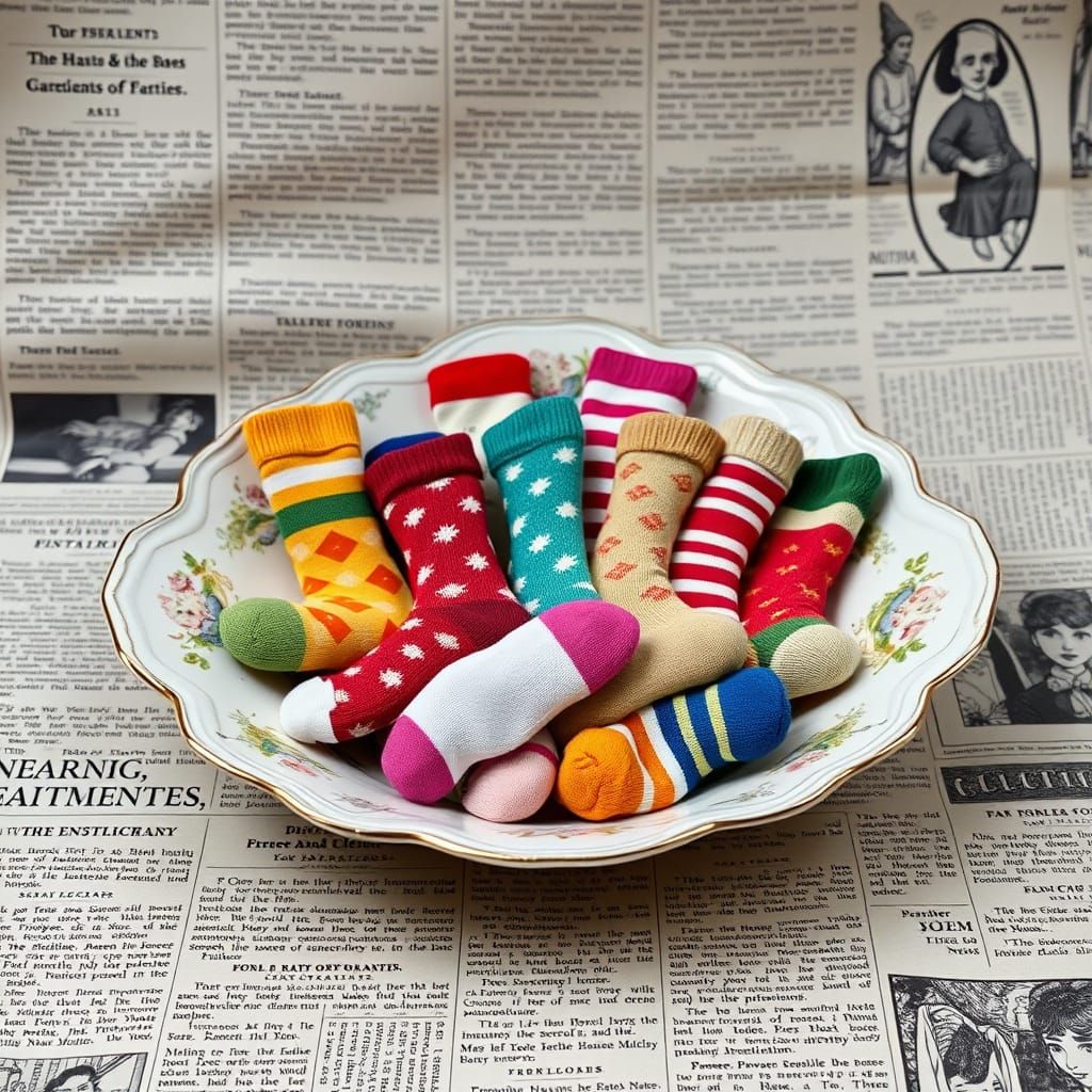 Whimsical Sock Still Life on Antique Plate