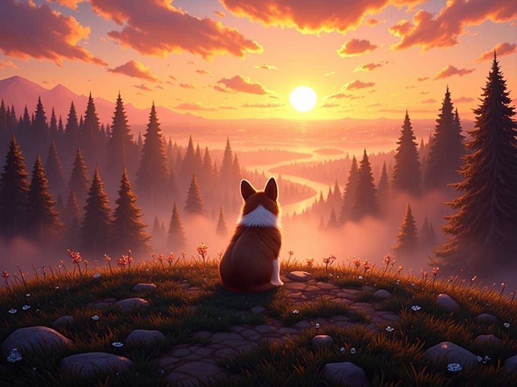 Corgi Silhouette at Sunset in Whimsical Fantasy Landscapes