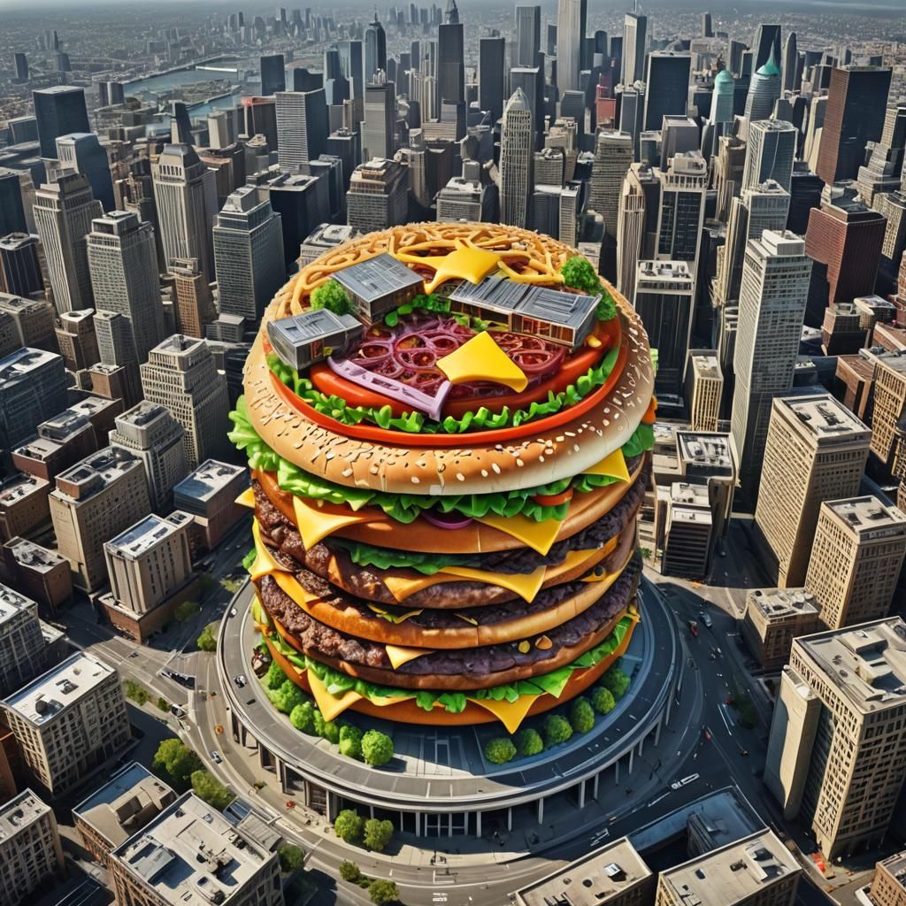 Futuristic Cityscape with Cheeseburger Buildings