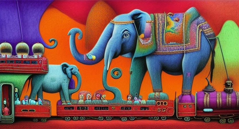 Surreal Circus Train in Vibrant Colours