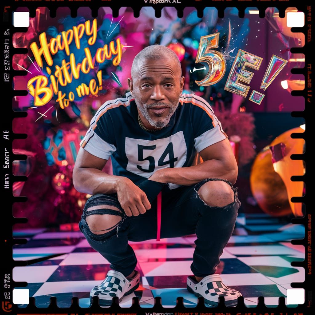 Cinematic Birthday Celebration with Bald Man in Crocs