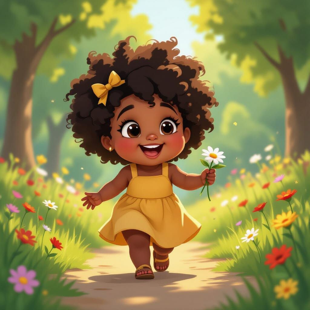 Cheerful Black Girl Picking Flowers: Pixar-Inspired Animatio...
