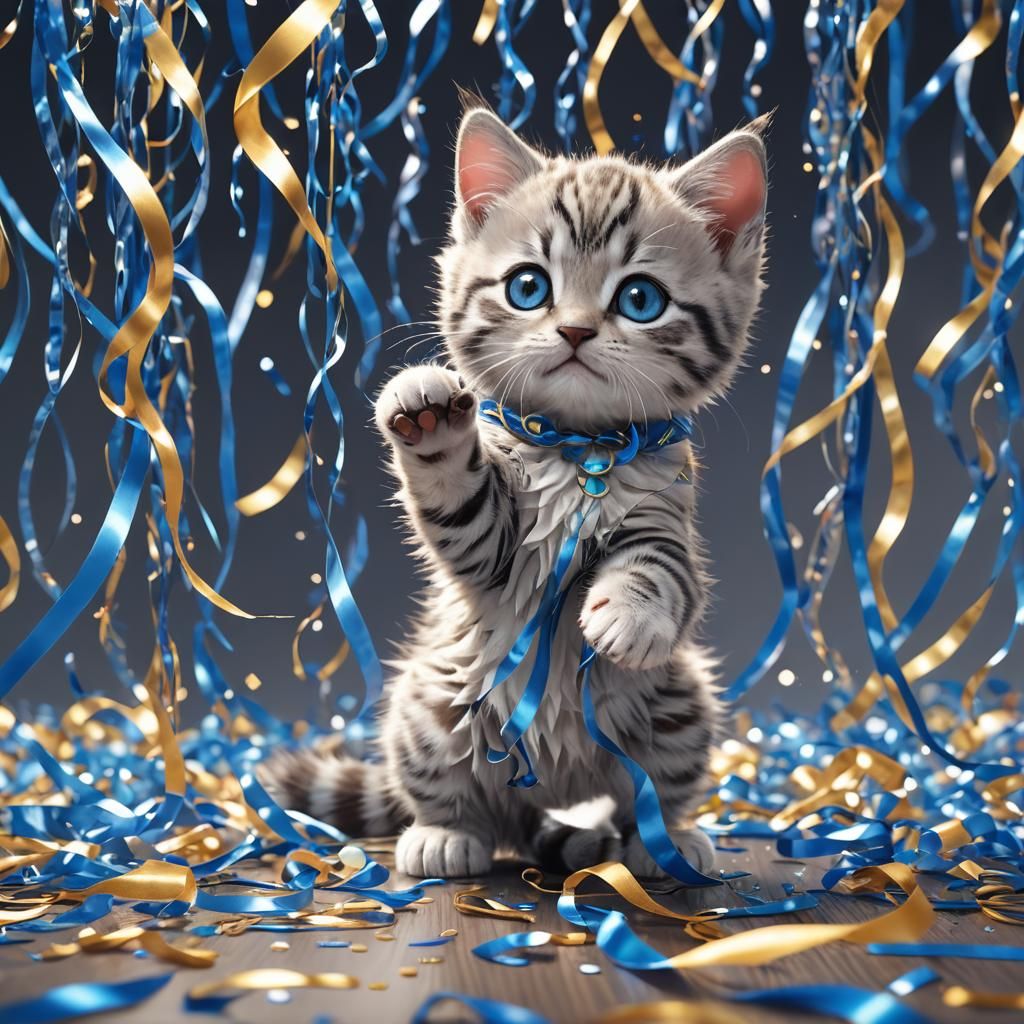 Anime Kitten Trapped in Blue Streamers