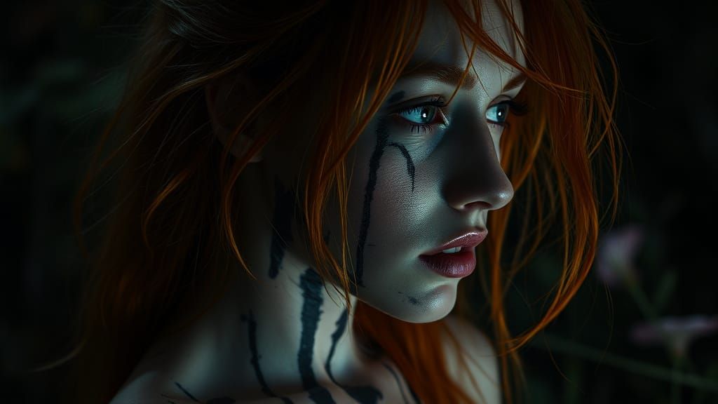 Hyperrealistic Ginger Woman in Dark Ethereal Garden