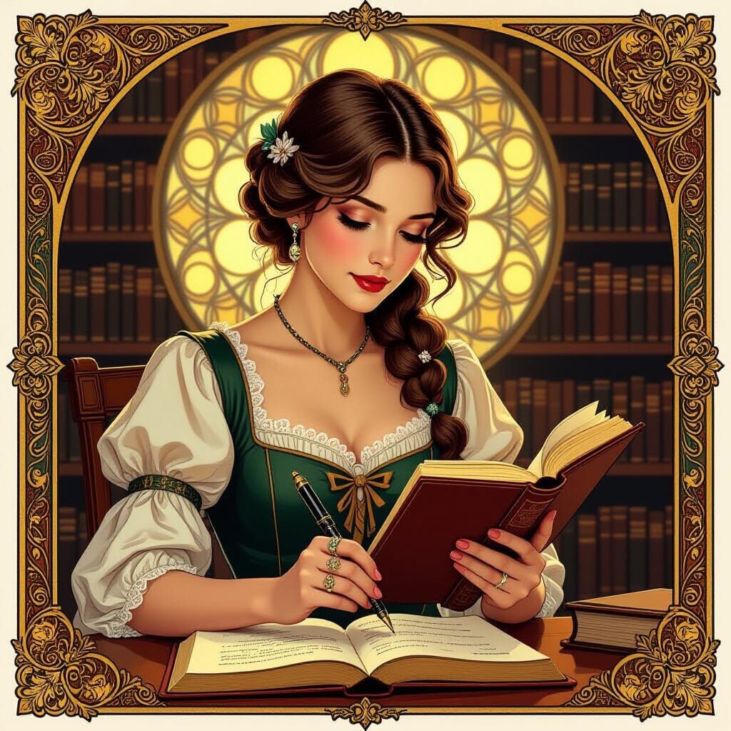 Elegant Girl Writing in Library, Mucha Style
