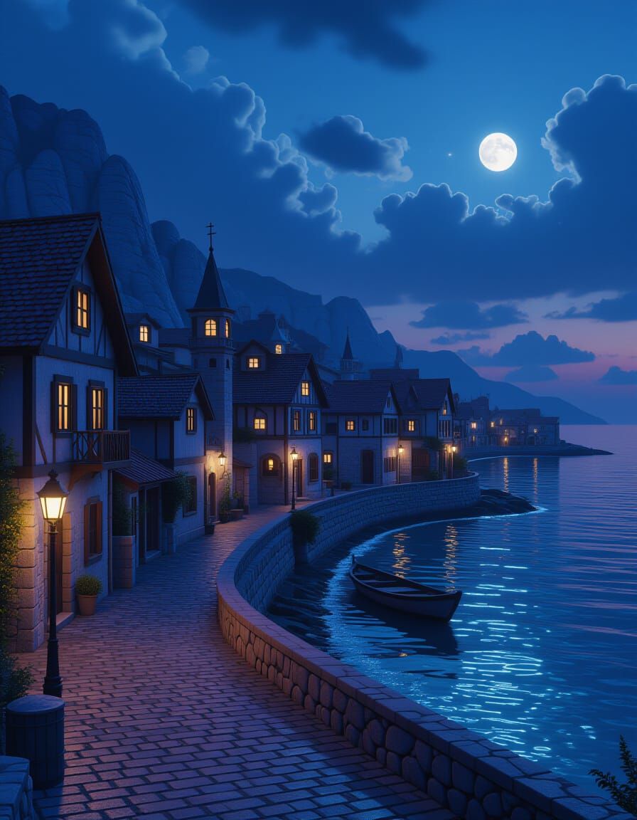 Coastal Town at Midnight in Detailed Matte Painting
