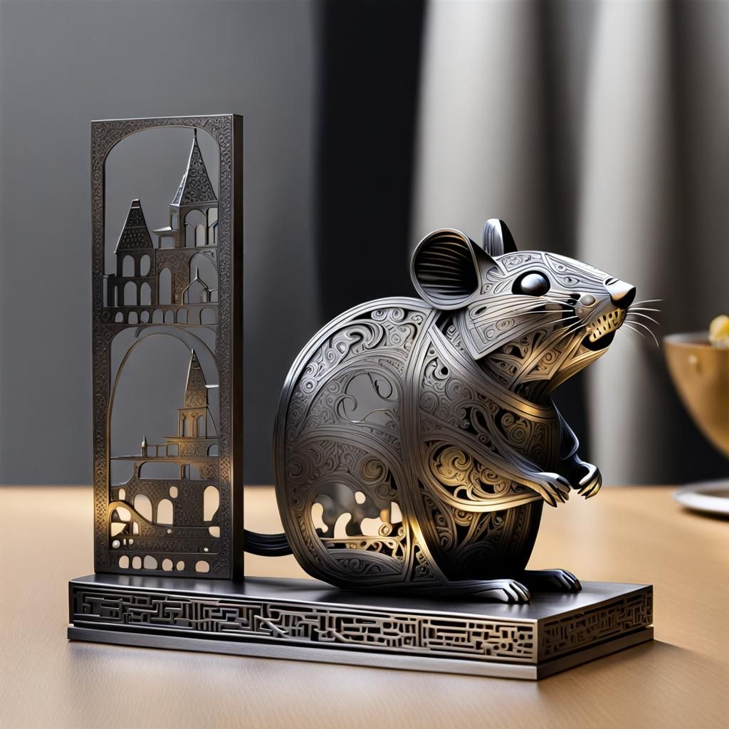 Engraved Metal Mouse and Cheese Sculpture