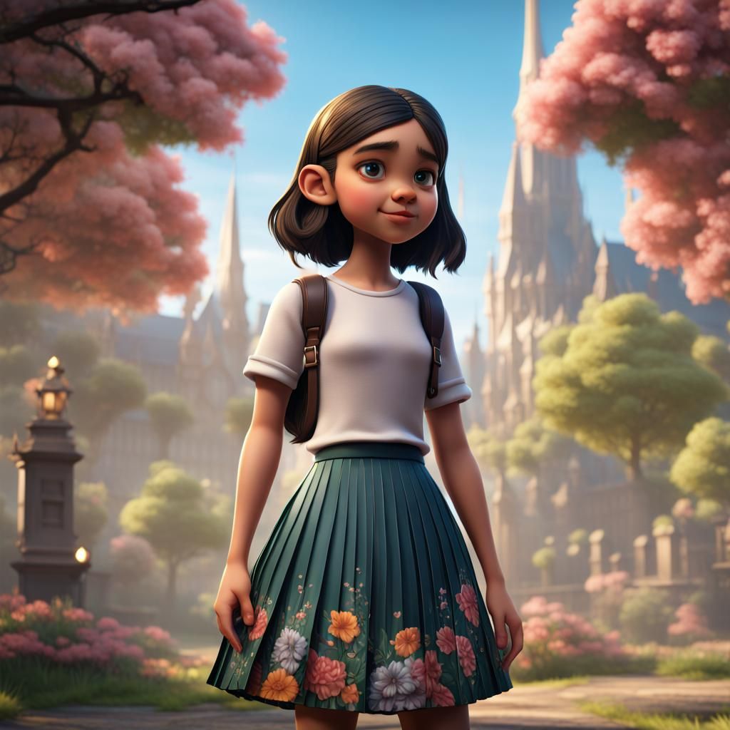 Cartoon Girl Sticker with Floral Skirt, Artstation Quality