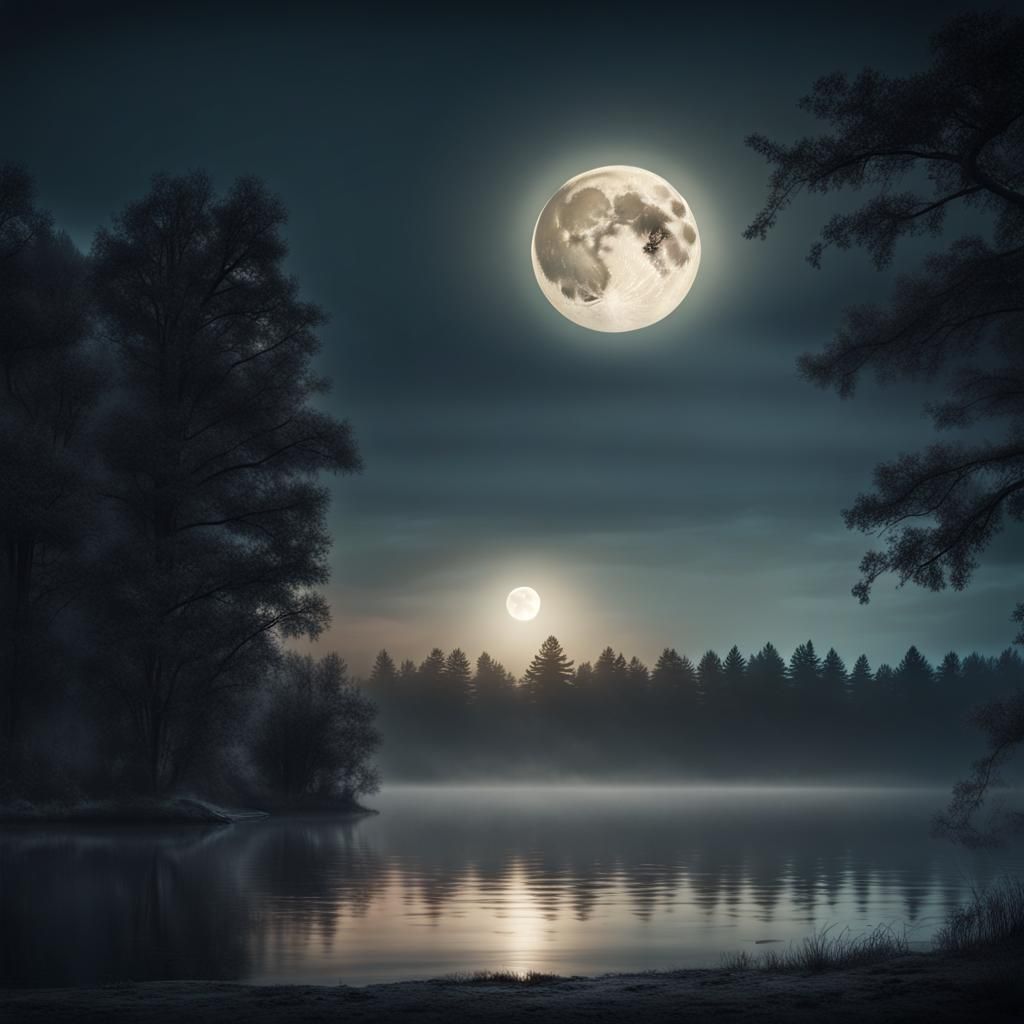 Full Moon Over Foggy Lake at Night