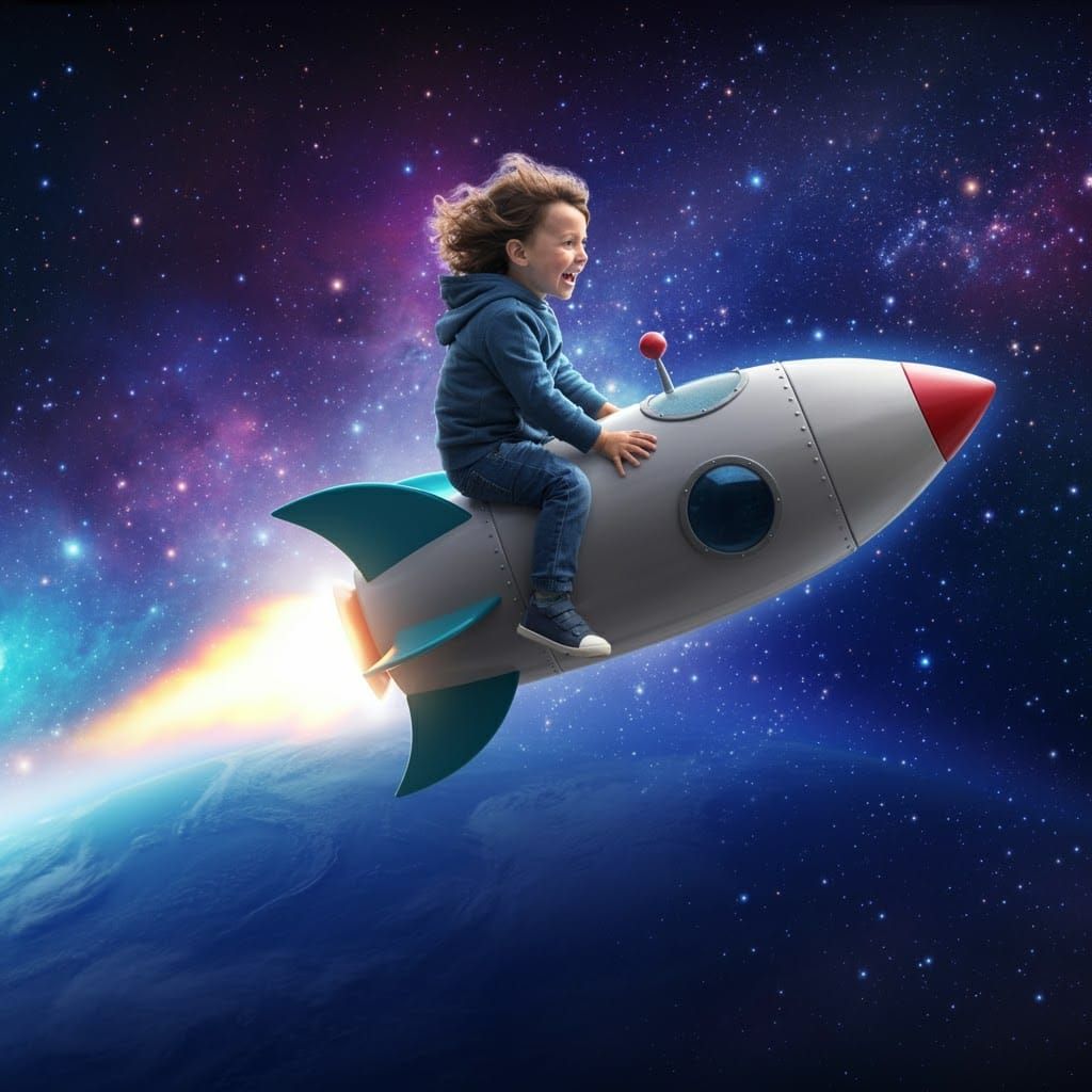 Child's Toy Rocketship Soaring Through Deep Space