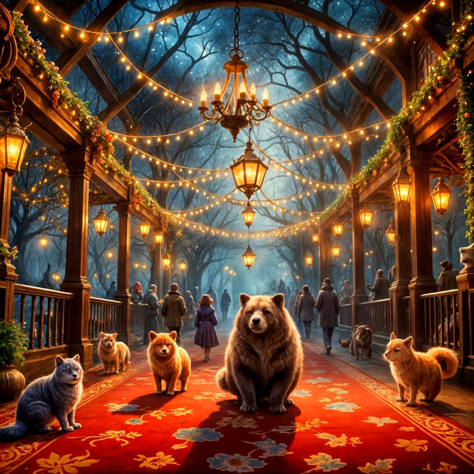 Whimsical Creatures on a Mystical Red Carpet