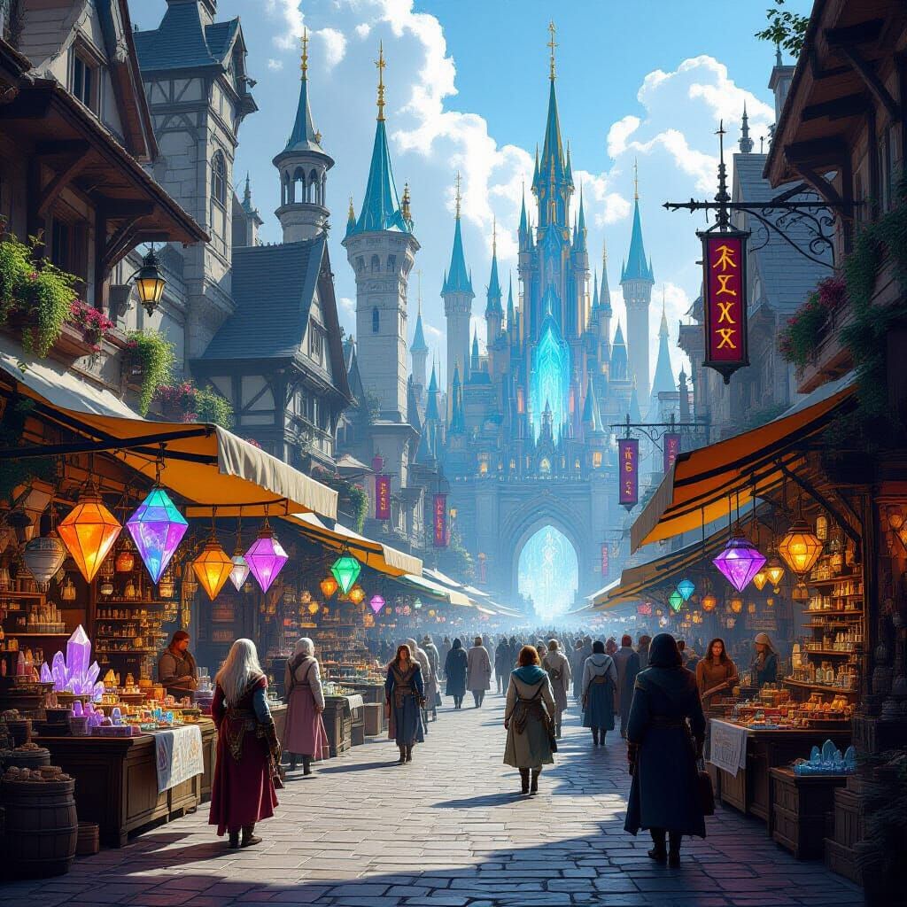 Bustling Marketplace in a Fantasy City, Hyperrealistic Style