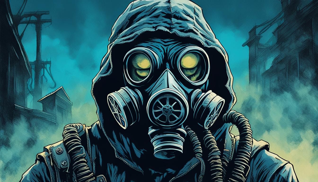 Demonic Figure in Gas Mask, Dark Fantasy Illustration