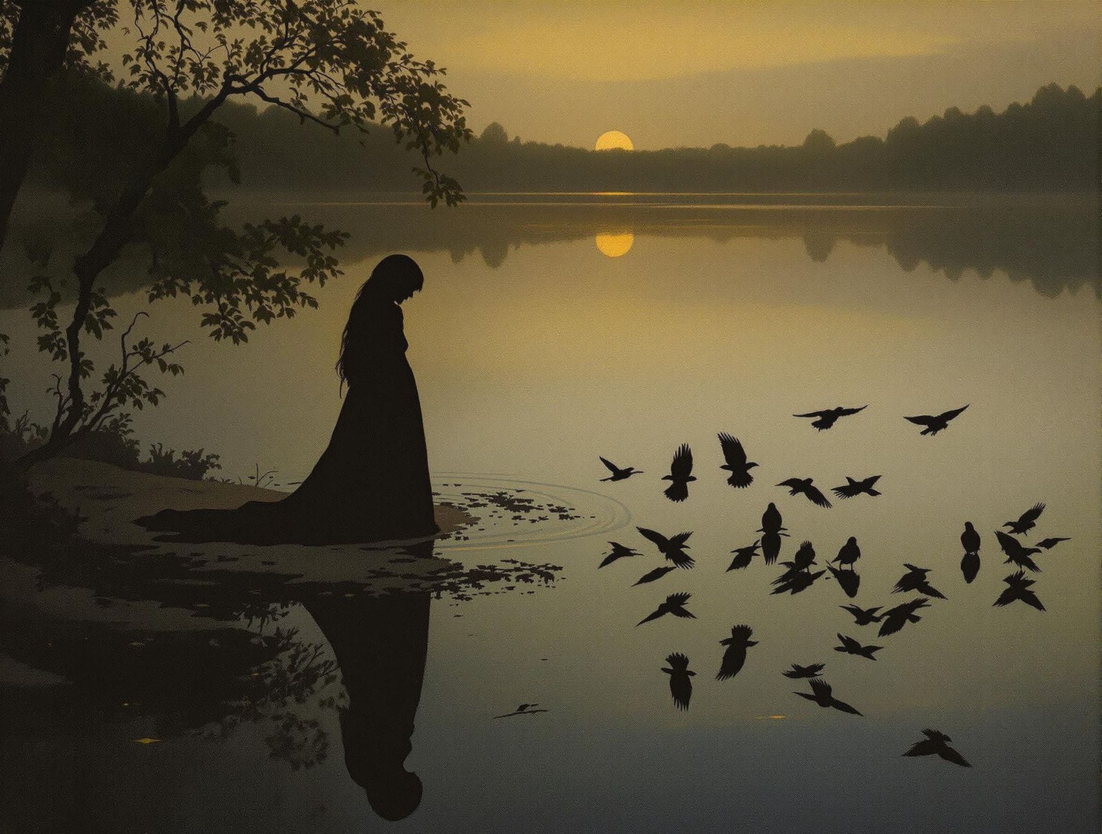 Woman's Reflection at Dusk: A Pre-Raphaelite Painting
