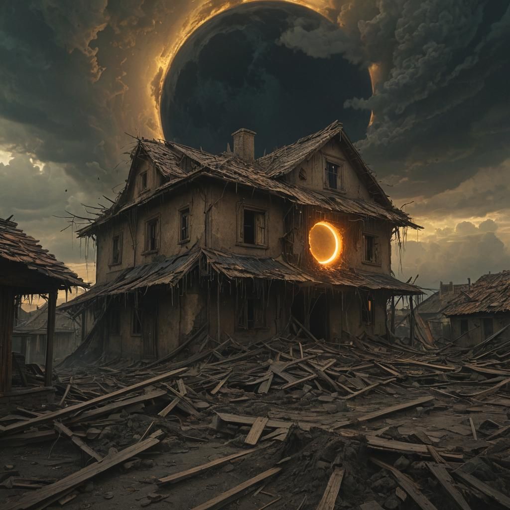 House Shredded by Solar Eclipse: Beksiński-Inspired Art