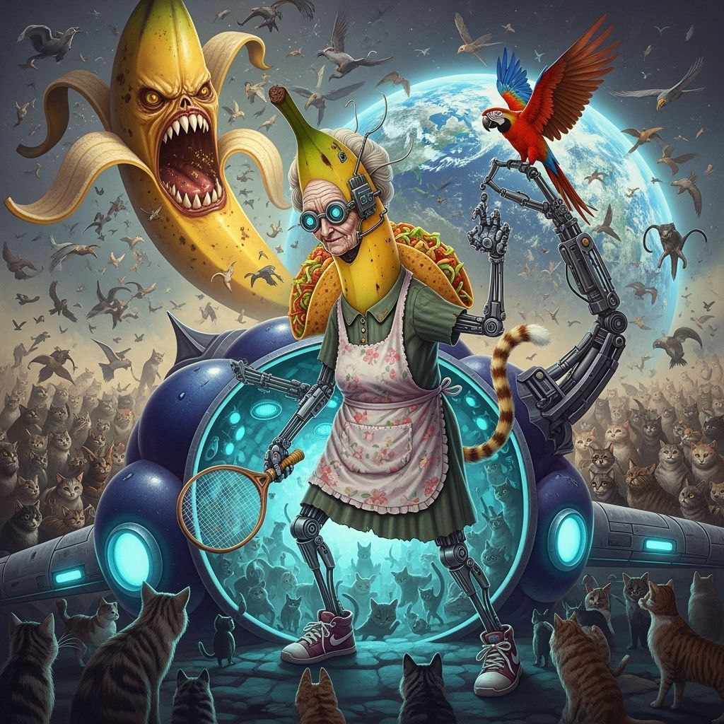 Elderly Cyborg Grandma Leads Cat Army in Blueberry Spaceship