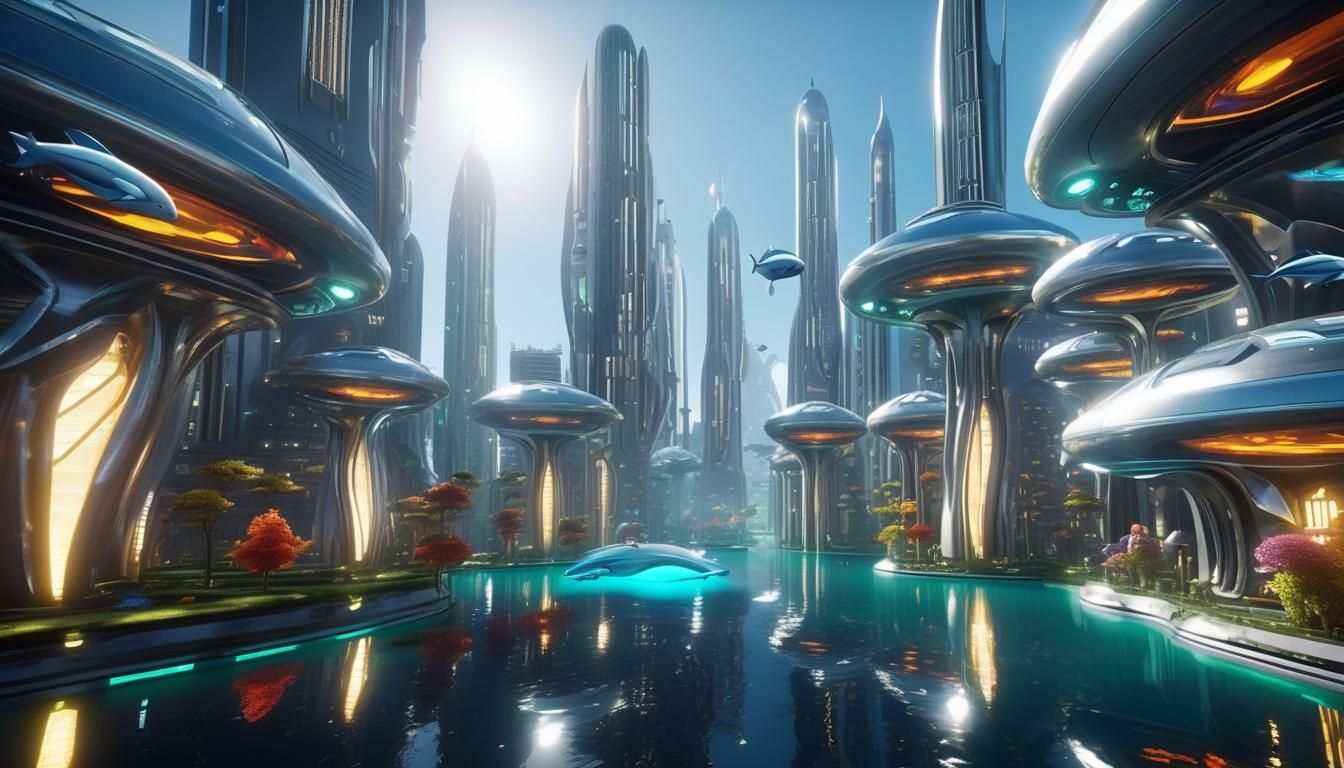 Elegant Silver Subaquatic City in 8K 3D