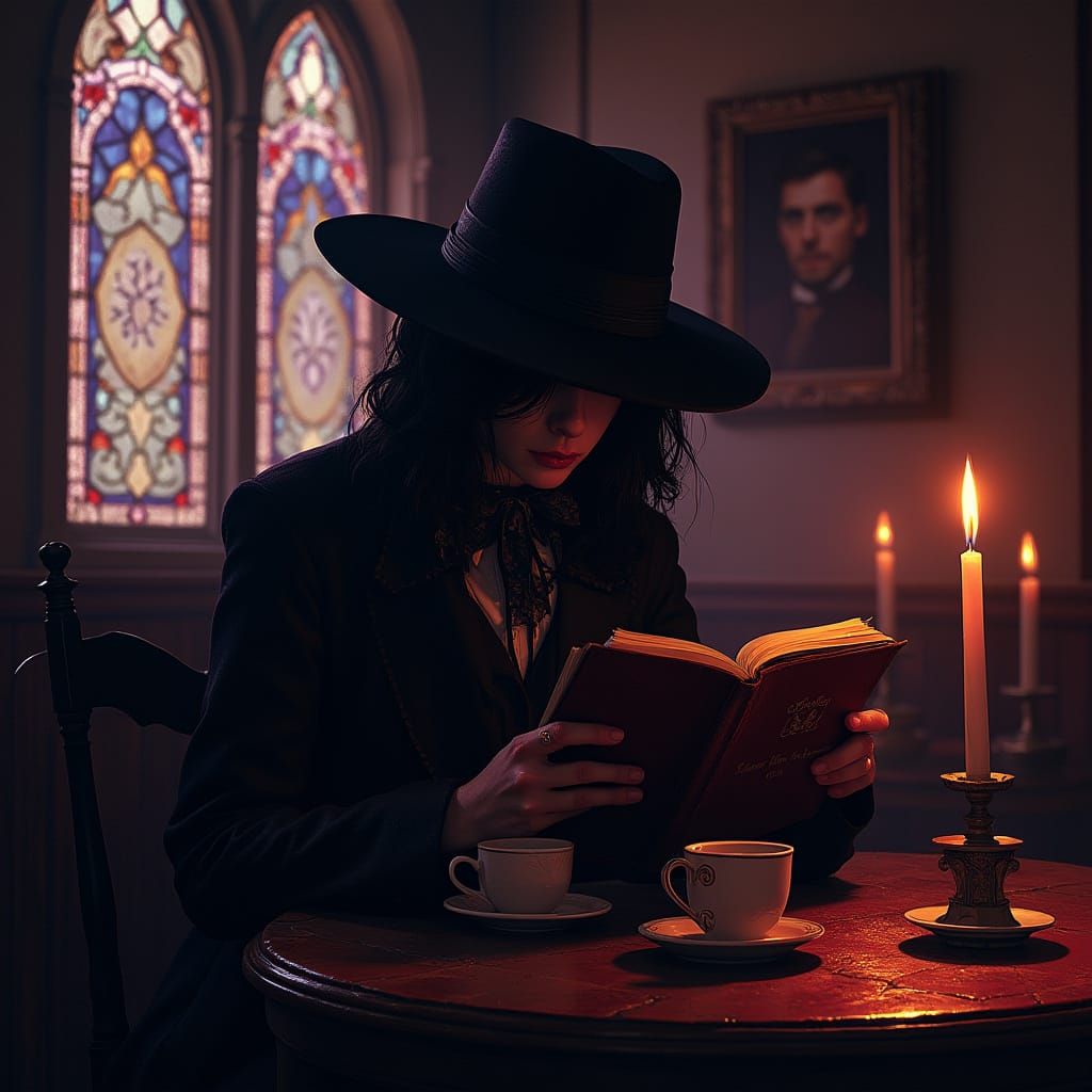 Melancholic Goth in Dimly Lit Cafe, Dark Romanticism Style