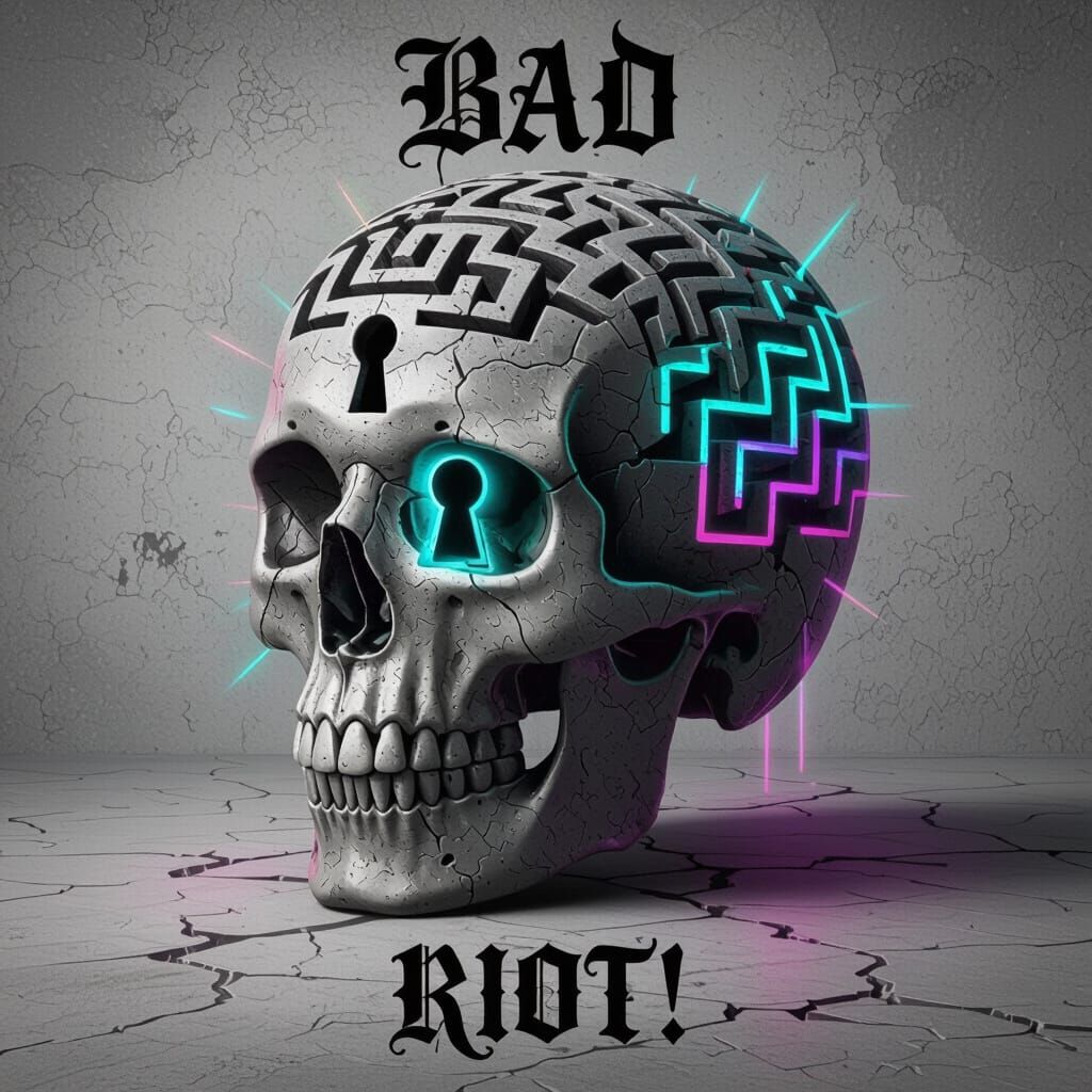 Dark Surreal Skull Labyrinth with Glowing Neon Keyhole