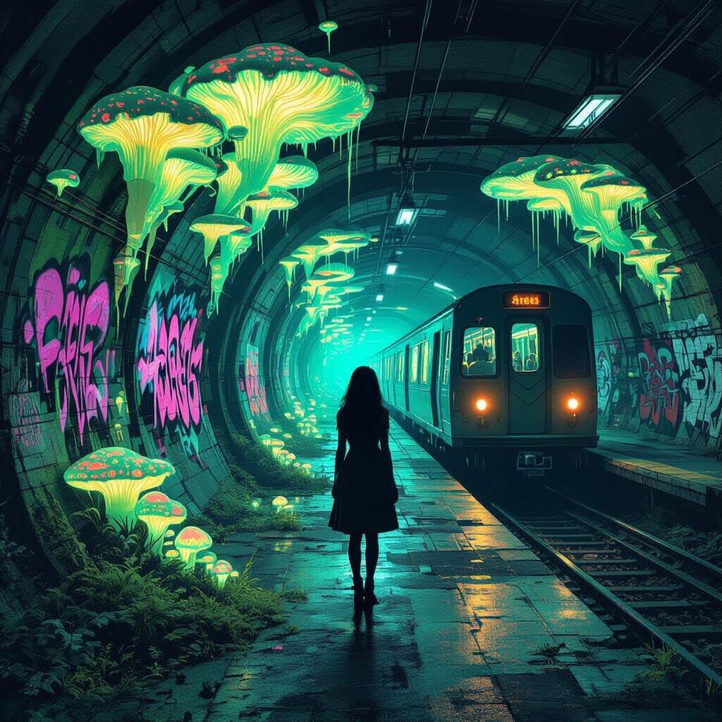 Bioluminescent Subway Scene in Dark Fantasy Style