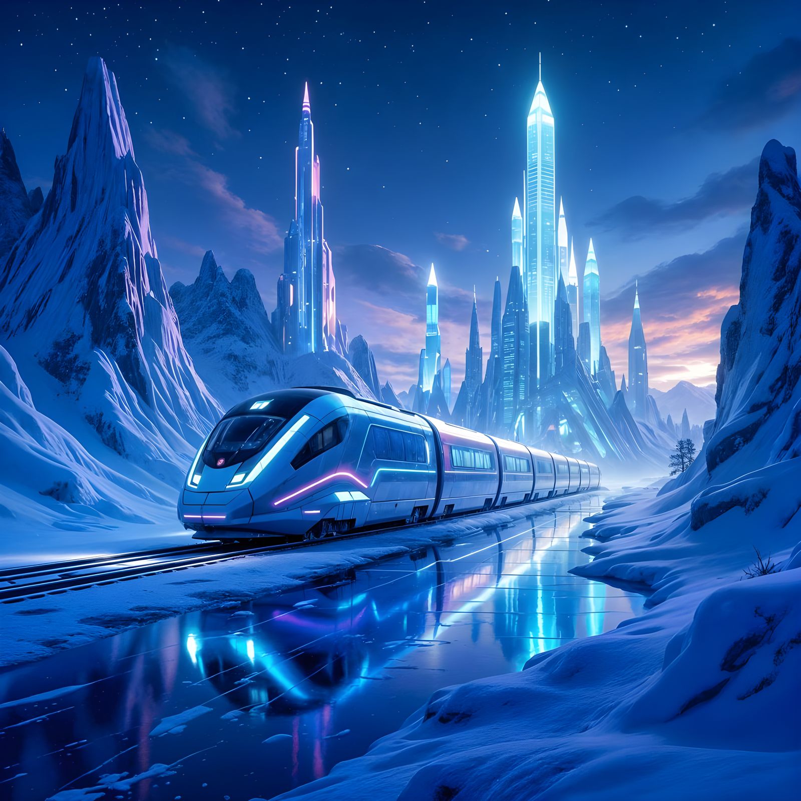 Bioluminescent Alien Train in Snowy Cosmic Landscape