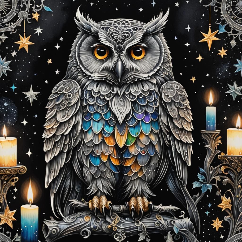 Ornate Owl and Silver Candle Kinetic Art