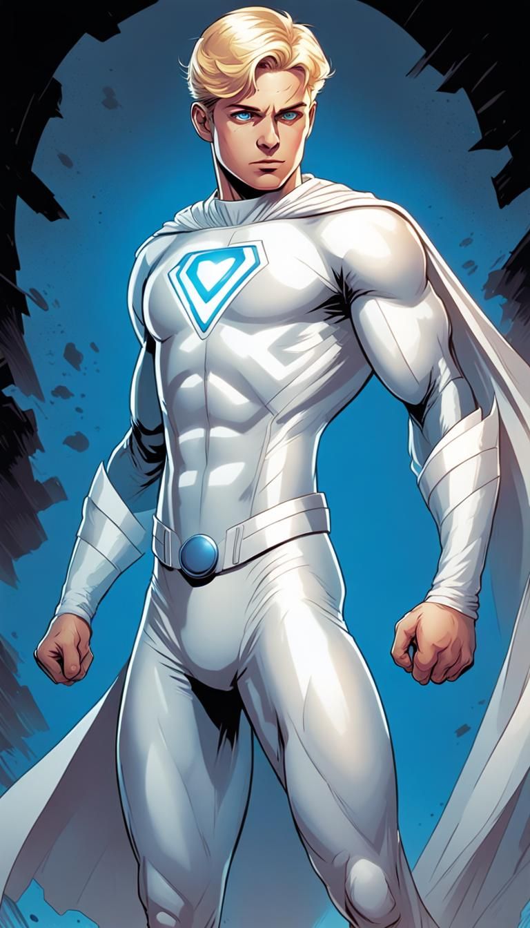 Boy Superhero in White Costume, Comic Book Art