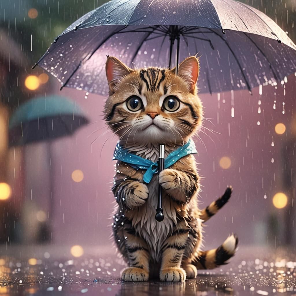 Cute Cat in Rain: 3D Rendered Illustration