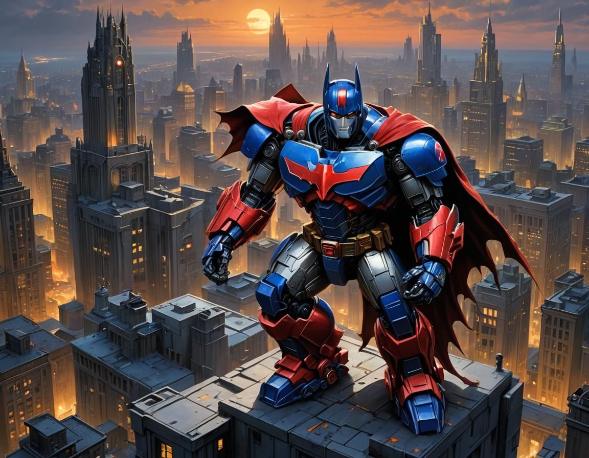 Batman Optimus Prime on Gotham Roofs, Digital Art