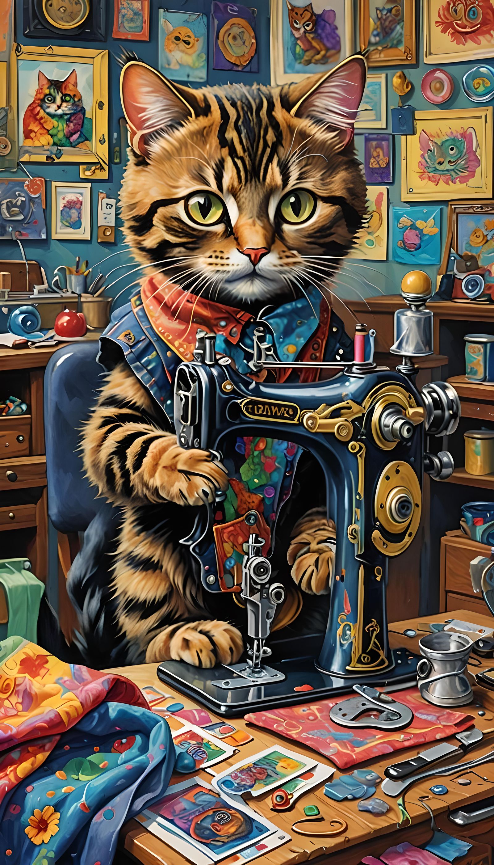 Cat using a sewing machine, making pants, Louis Wain, Lisa F...