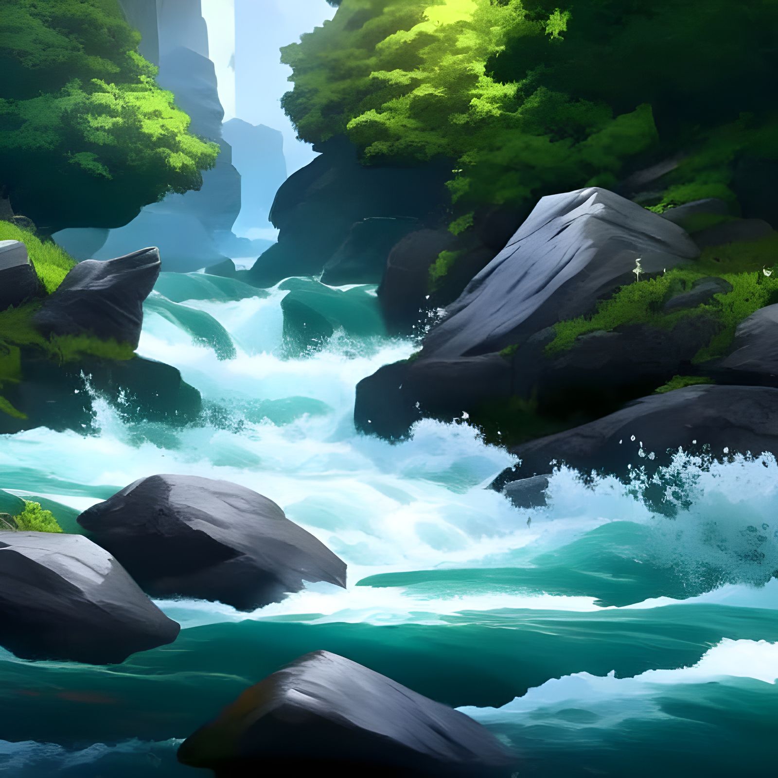Fast Flowing River Through Forest: Digital Art