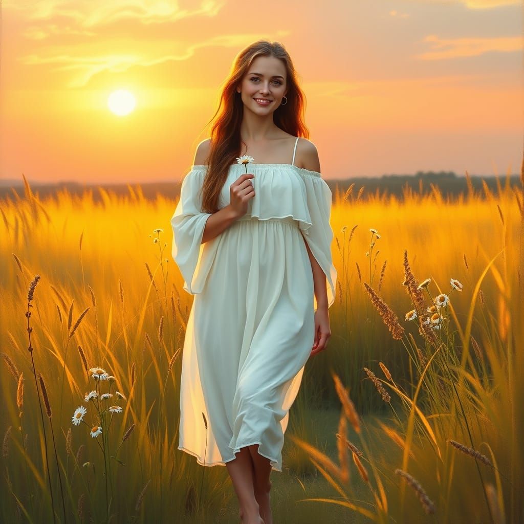 Slavic Woman in Golden Meadow at Sunset