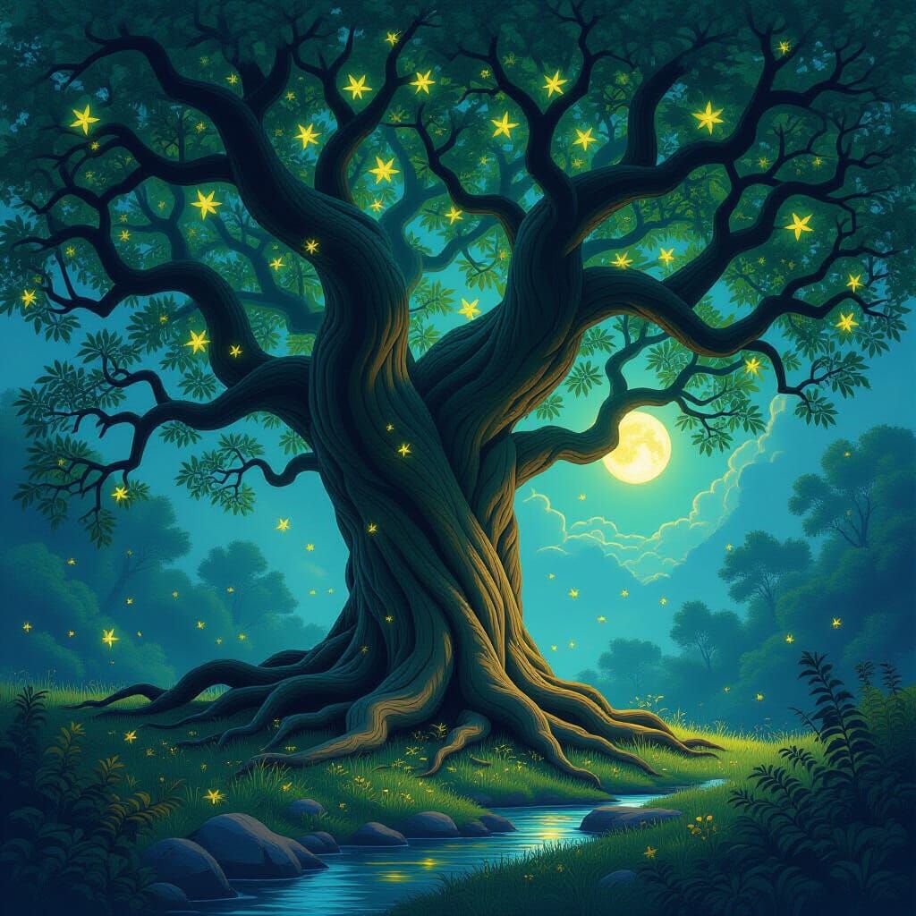 Ancient Tree in Moonlit Forest: Hyperrealistic Rendering