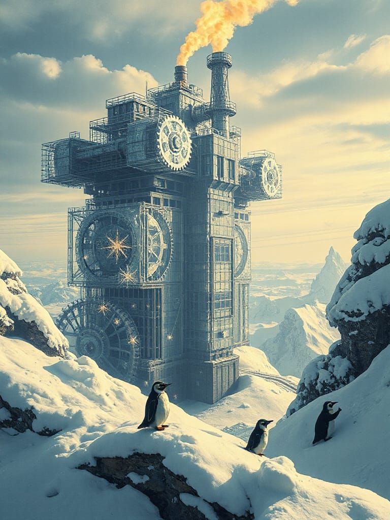 Surreal Ice Factory in Snowy Sky with Mechanical Penguins
