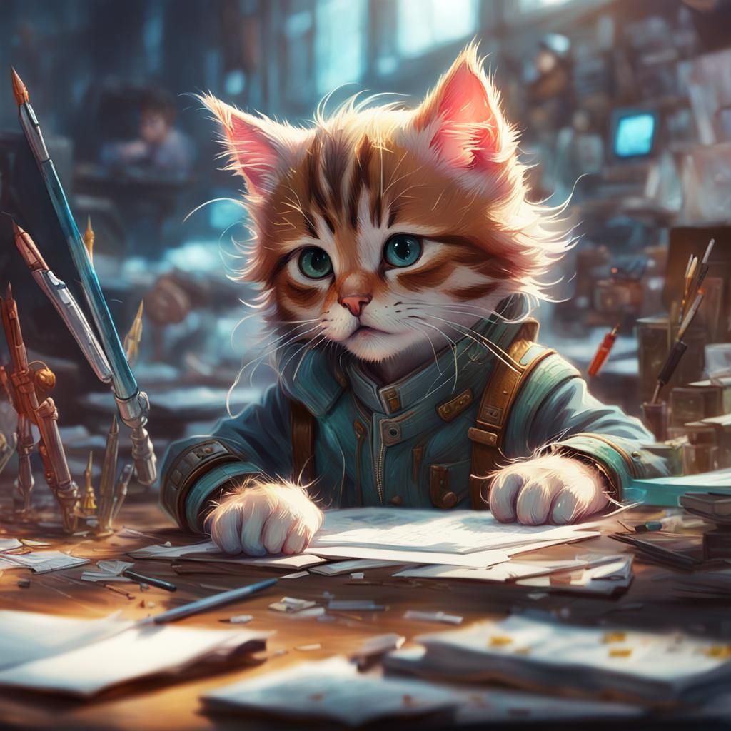 Cute Kitten Working at Desk: Detailed Digital Art