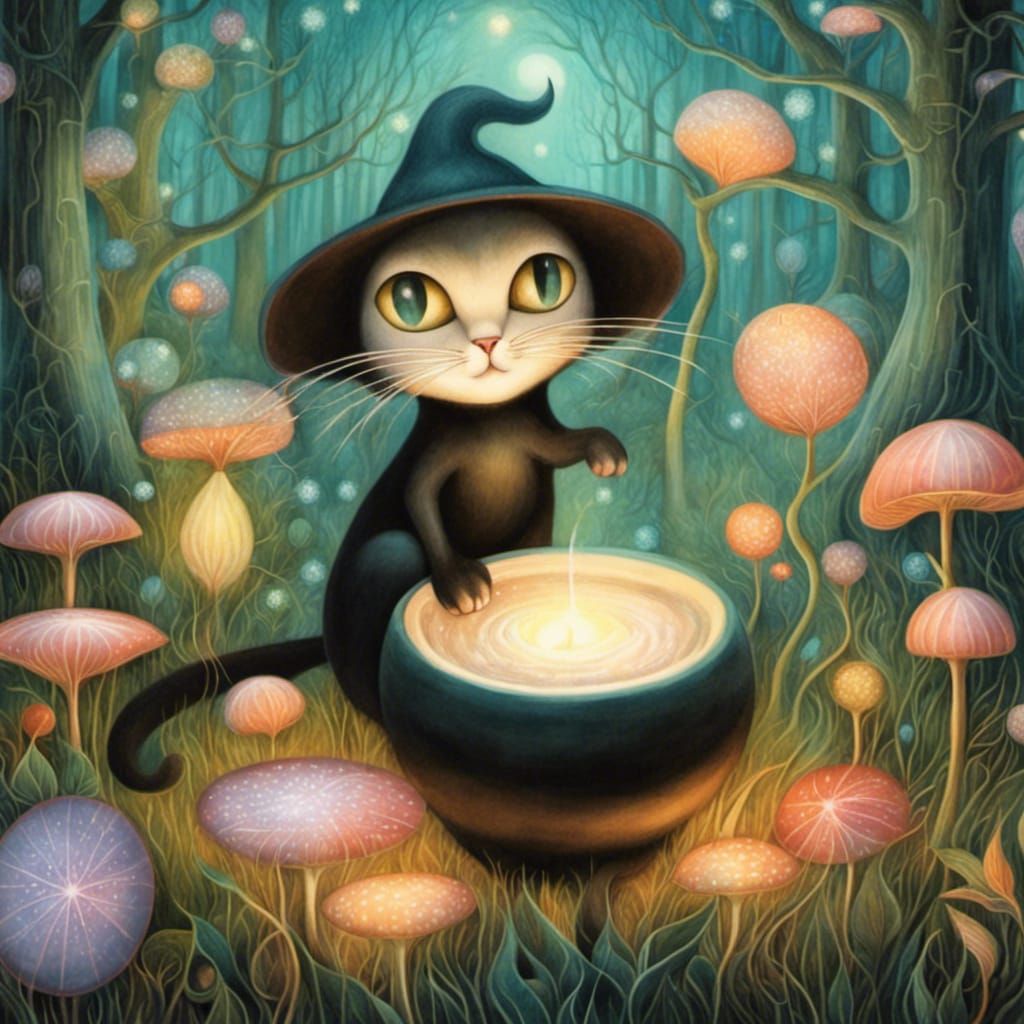 Magical Forest with Black Cat, Fantasy Art