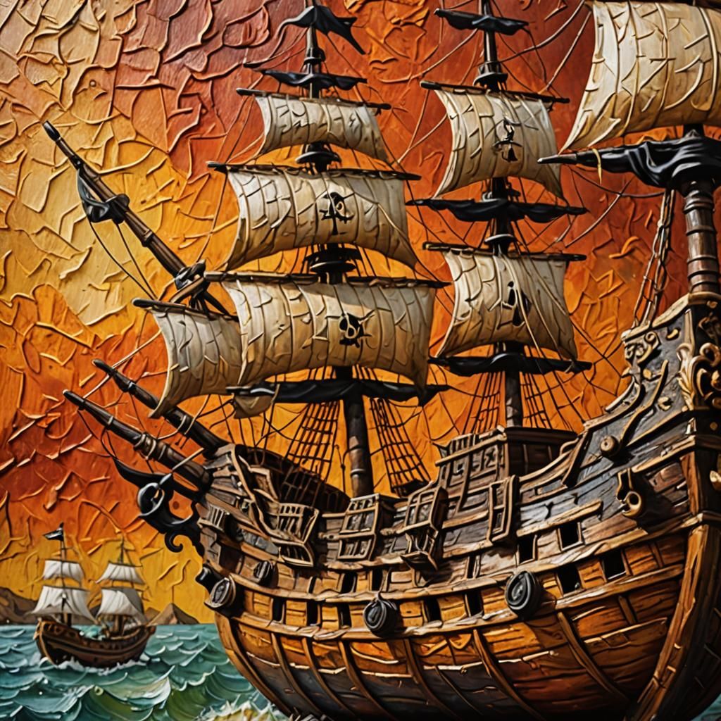 Textured Pirate Ship Gourd in Baroque Impasto Style