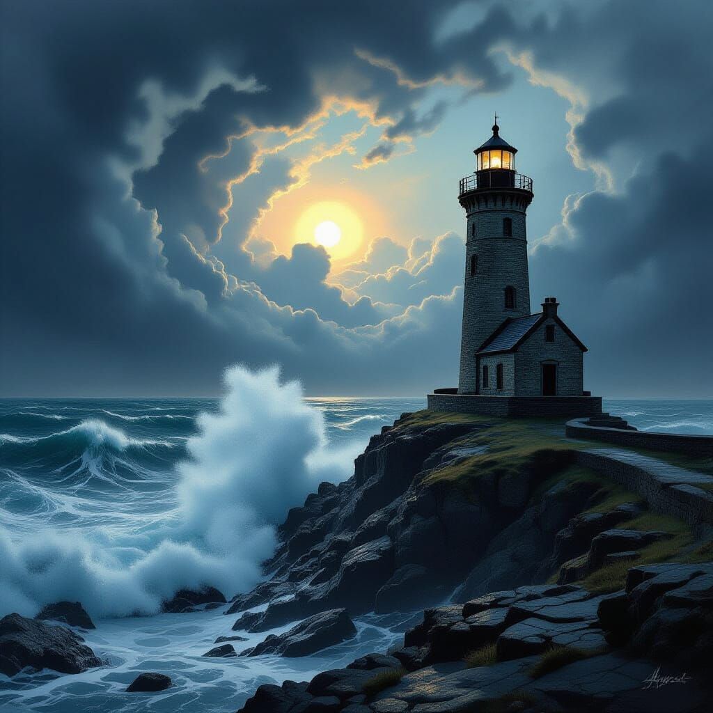 Ancient Lighthouse on Stormy Cliff Edge at Sunset
