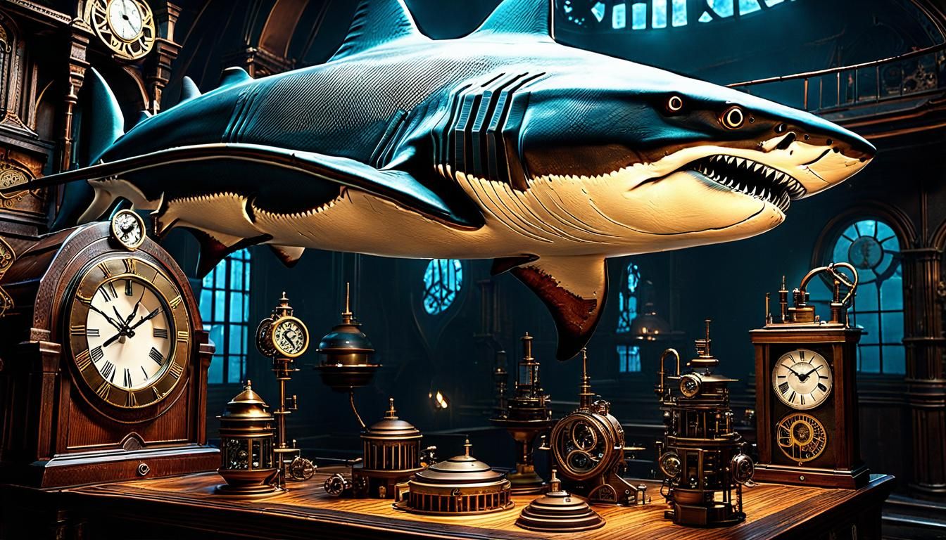 Steampunk Shark with Clock in Epic Sci-Fi Style
