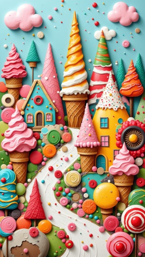 Whimsical Candy Town with Ice Cream and Waffle Cones