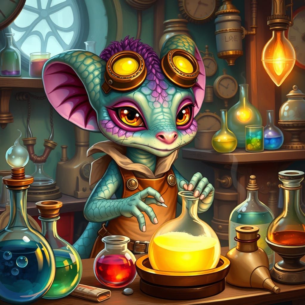 Steampunk Alchemist in Whimsical Laboratory