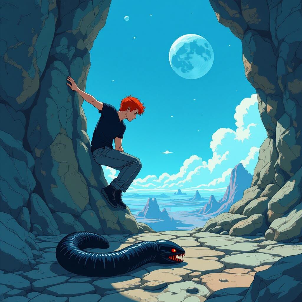 Man on Alien Rock, in Cinematic Style